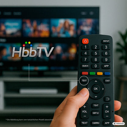Eine Hand hält eine Fernbedienung, die auf den DYON Smart 50 VX 50-Zoll-4K-UHD-Smart-TV von Dyon gerichtet ist, auf dessen Bildschirm das HbbTV-Logo und ein unscharfes Streaming-Menü zu sehen sind, was das nahtlose Erlebnis unterstreicht, das das fortschrittliche VIDAA-Betriebssystem bietet.