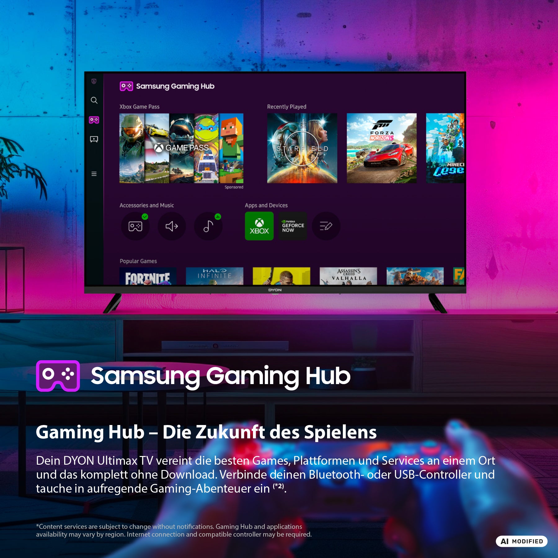 Ein DYON Ultimax 40F-TI-W 40-Zoll-Full-HD-Samsung-Tizen-Smart-TV von Dyon zeigt auf seinem Bildschirm die „Gaming Hub“-Oberfläche mit Spielesymbolen, die auf dem Tizen-Betriebssystem basiert. Ein Gaming-Controller und ein Headset liegen auf einem Tisch in der Nähe, während unterhalb des Fernsehers ein Text angezeigt wird, der die Gaming-Funktionen hervorhebt.