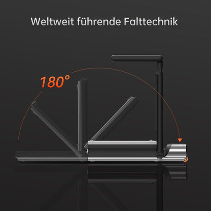 Seitenansicht des Kingsmith WalkingPad R3 Hybrid+ Klappbares Laufband bis 12 km/h, Hervorhebung des 180-Grad-Klappmechanismus, mit deutschem Text darüber: "Weltweit führende Falttechnik".
