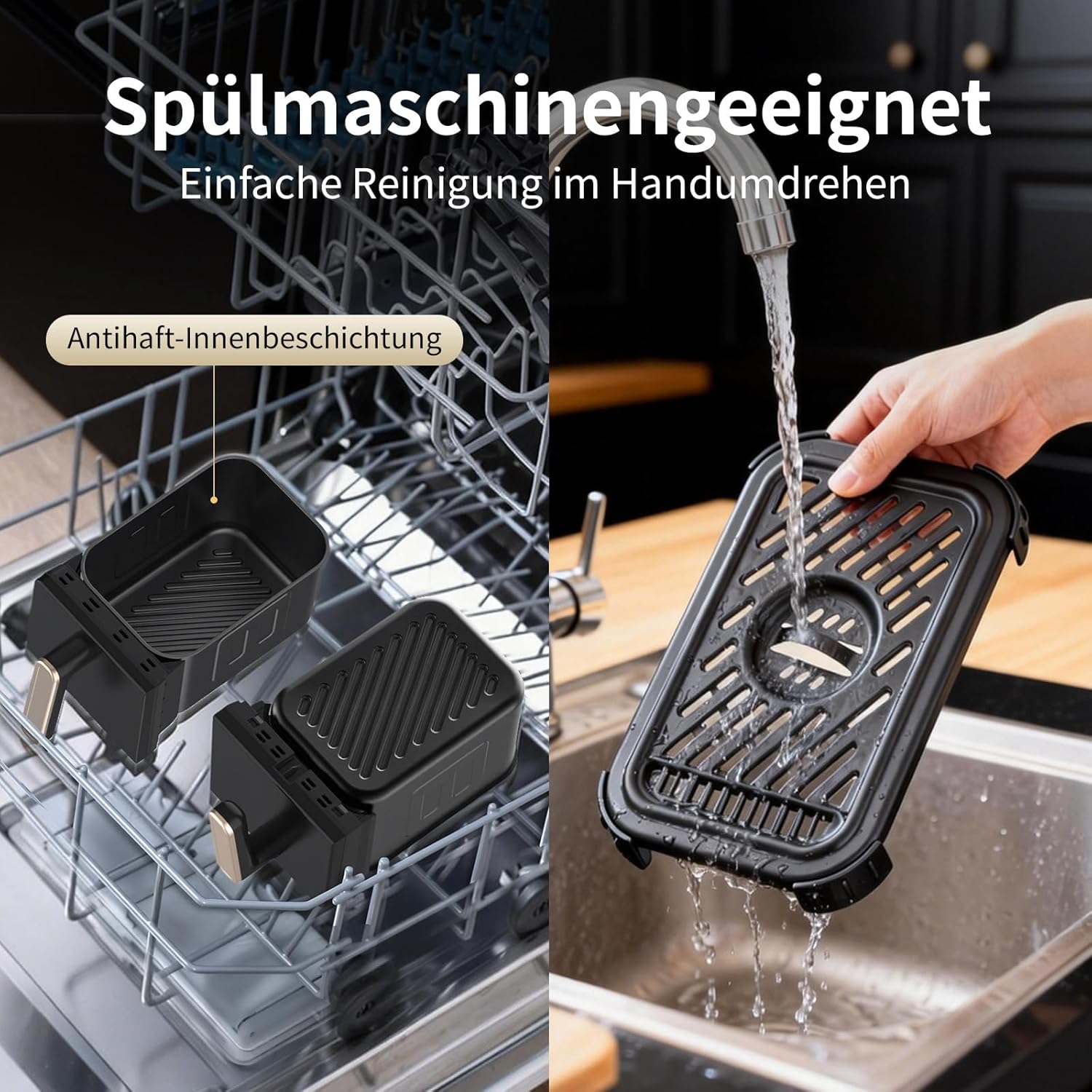 Es sind zwei schwarze Grillplatten abgebildet: Eine wird von Hand unter fließendem Wasser gereinigt, die andere befindet sich in der Spülmaschine. Der deutsche Text hebt die einfache Reinigung und die Spülmaschinenfestigkeit hervor – das perfekte Zubehör für Ihre aeco FryQ ELITE Duo XL8 Heißluftfritteuse 8L mit Doppelkammer und Dual-Zone-Funktion.