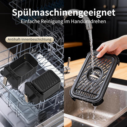 Es sind zwei schwarze Grillplatten abgebildet: Eine wird von Hand unter fließendem Wasser gereinigt, die andere befindet sich in der Spülmaschine. Der deutsche Text hebt die einfache Reinigung und die Spülmaschinenfestigkeit hervor – das perfekte Zubehör für Ihre aeco FryQ ELITE Duo XL8 Heißluftfritteuse 8L mit Doppelkammer und Dual-Zone-Funktion.
