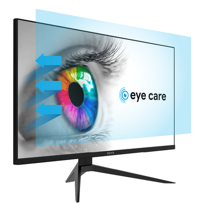 Der flache Gaming-Monitor Odys i27-Q-180 (27 Zoll, 69 cm) zeigt ein lebendiges Bild des menschlichen Auges mit "Eye Care"-Text, blauen Pfeilen und einem Overlay, das die fortschrittliche Blaulichtfiltertechnologie anzeigt.
