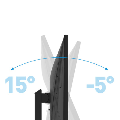 Seitenansicht des Odys i27-Q-180 Flat Gaming Monitor (27", 69 cm) mit einstellbaren Neigungswinkeln von -5° bis 15°, hervorgehoben durch blaue Pfeile.