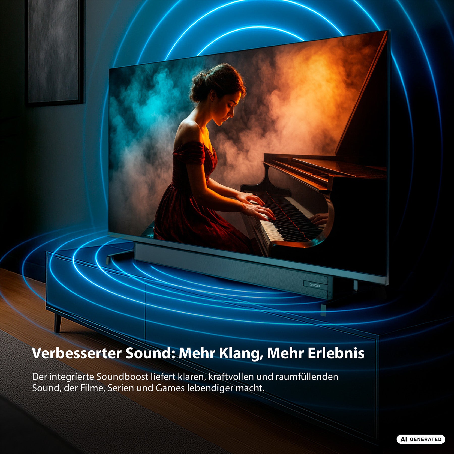 Der DYON Ultimax 32H-TI-WS 32-Zoll-HD-Samsung-Tizen-Smart-TV – Soundboost von Dyon zeigt eine Szene, in der eine Frau Klavier spielt, wobei dynamische blaue Schallwellen-Grafiken die verbesserten Audiofunktionen visuell veranschaulichen. Der begleitende deutsche Text hebt den verbesserten Klang und das fesselnde Unterhaltungserlebnis hervor und stellt gleichzeitig die fortschrittlichen Funktionen des Fernsehers sowie das intuitive Tizen-Betriebssystem für ein nahtloses Benutzererlebnis vor.