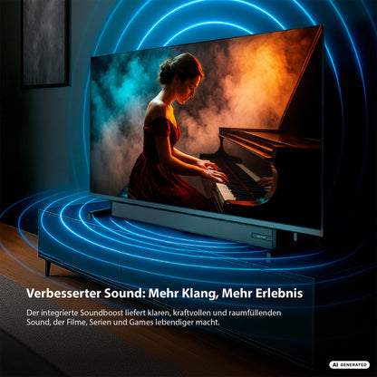 Der DYON Ultimax 32H-TI-WS 32-Zoll-HD-Samsung-Tizen-Smart-TV – Soundboost von Dyon zeigt eine Szene, in der eine Frau Klavier spielt, wobei dynamische blaue Schallwellen-Grafiken die verbesserten Audiofunktionen visuell veranschaulichen. Der begleitende deutsche Text hebt den verbesserten Klang und das fesselnde Unterhaltungserlebnis hervor und stellt gleichzeitig die fortschrittlichen Funktionen des Fernsehers sowie das intuitive Tizen-Betriebssystem für ein nahtloses Benutzererlebnis vor.