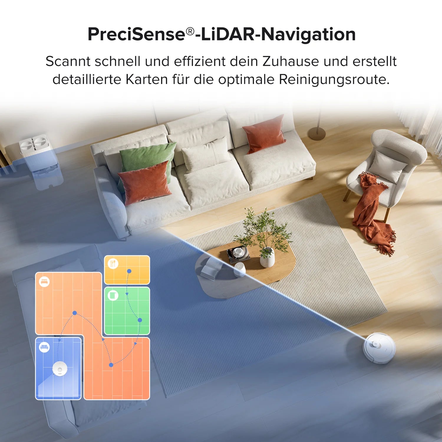 Der Roborock Q Revo White Staubsauger nutzt LiDAR-Navigation, um ein Wohnzimmer mit Sofa, Couchtisch und Teppich zu scannen und auf einer digitalen Karte darzustellen.