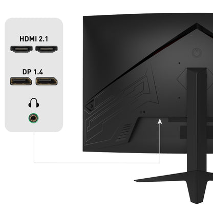 Die Rückansicht des Odys XP32 PRO-X Curved Gaming-Monitors (32", 80 cm) zeigt zwei HDMI 2.1-Anschlüsse, zwei DisplayPort 1.4-Anschlüsse und einen Kopfhöreranschluss. Das Diagramm zeigt die Position der Anschlüsse auf der Rückseite.