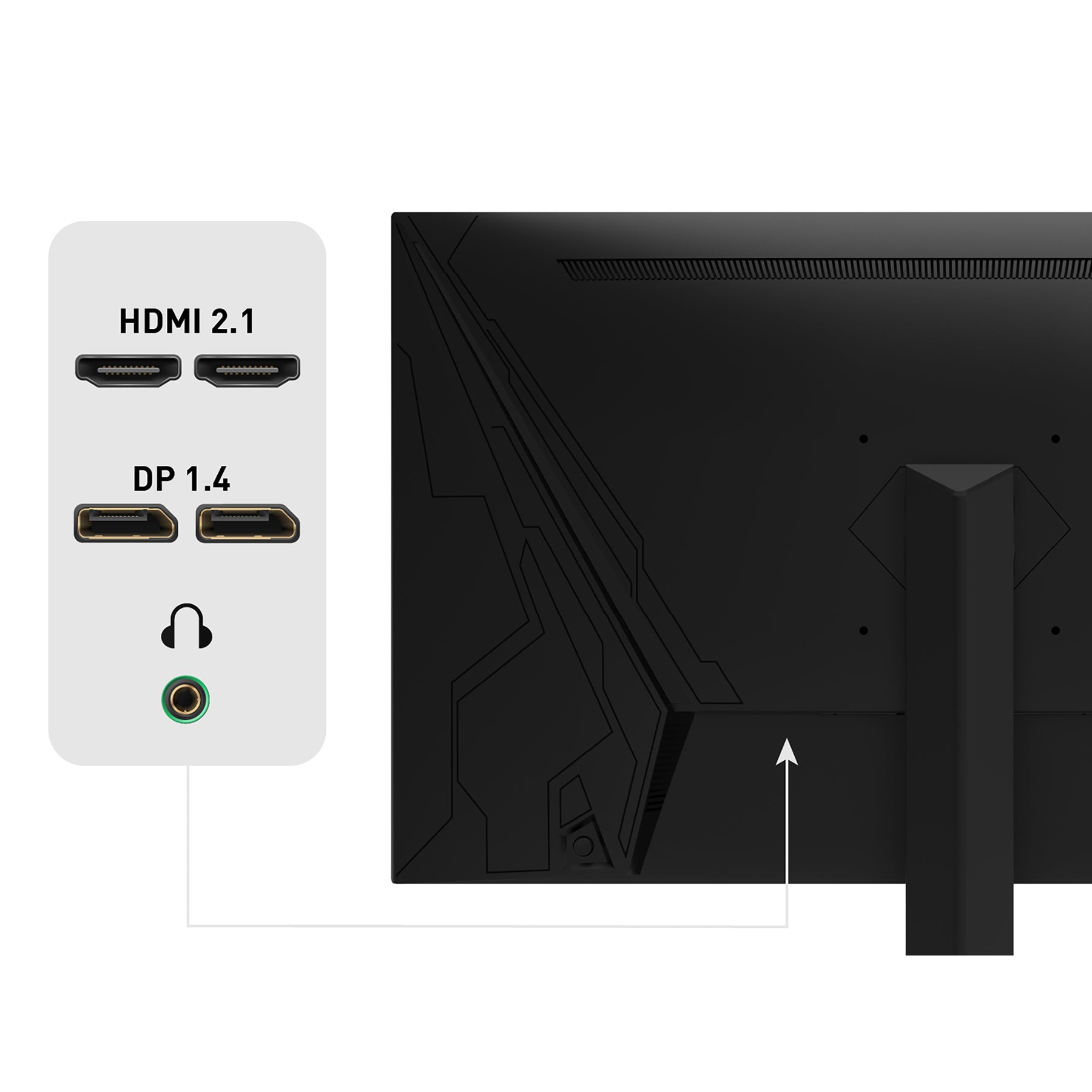 Rückansicht des Odys i27-Q-180 Flat Gaming Monitor (27", 69 cm) mit zwei HDMI 2.1-Anschlüssen, zwei DisplayPort 1.4-Anschlüssen und einem Kopfhöreranschluss.