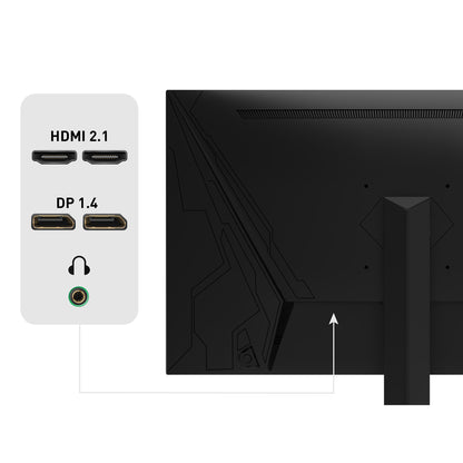 Rückansicht des Odys i27-Q-180 Flat Gaming Monitor (27", 69 cm) mit zwei HDMI 2.1-Anschlüssen, zwei DisplayPort 1.4-Anschlüssen und einem Kopfhöreranschluss.