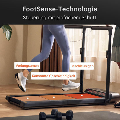Eine Person läuft auf dem Kingsmith WalkingPad R3 Hybrid+ Klappbares Laufband bis 12 km/h; markierte Zonen zeigen Bremsen, konstantes Tempo und Beschleunigen, während deutscher Text die innovative FootSense-Technologie erklärt.