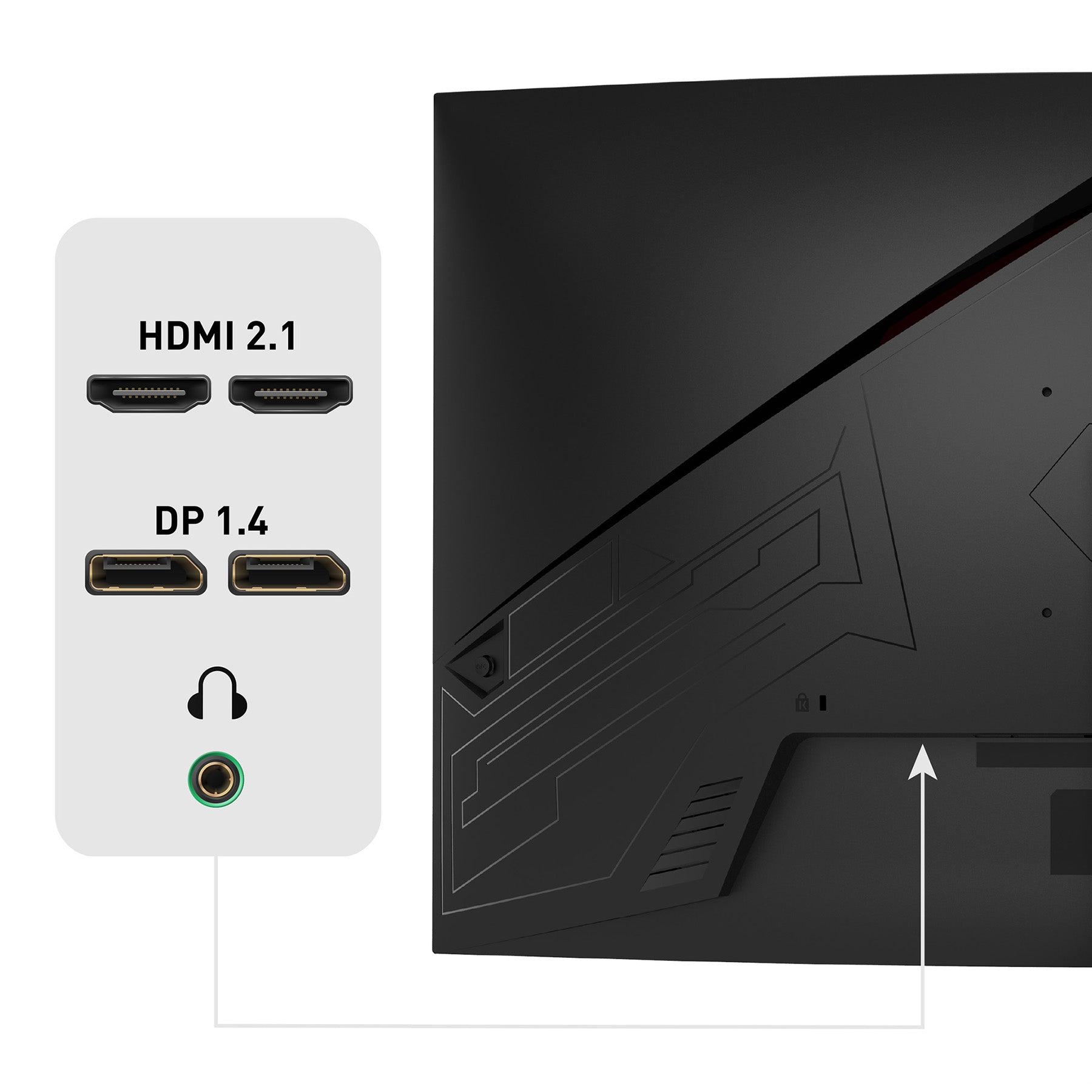 Die Rückseite des Odys XP32 Curved Gaming Monitors (32 Zoll, 80 cm) verfügt über zwei HDMI 2.1-Anschlüsse, zwei DisplayPort 1.4-Anschlüsse und einen Kopfhöreranschluss.