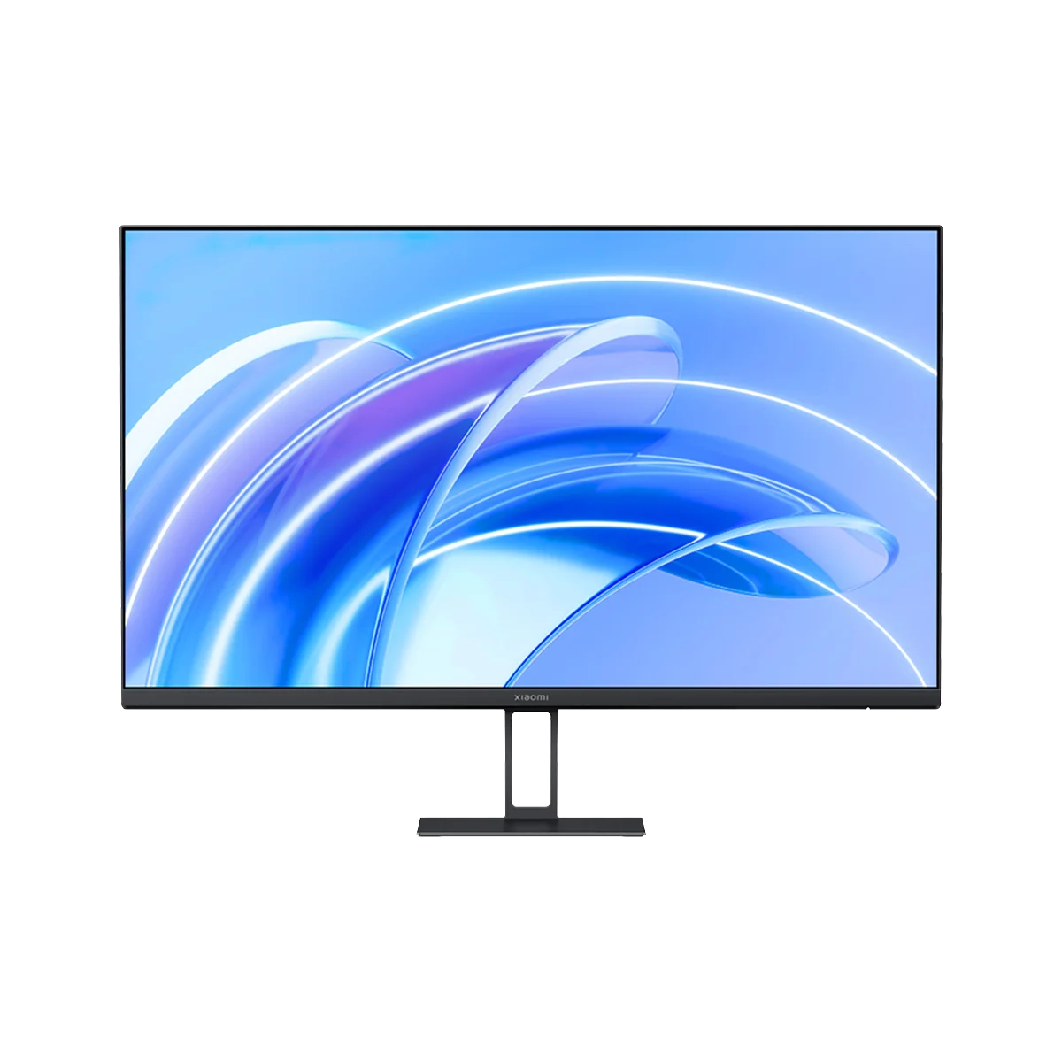 Der Xiaomi A27i Monitor (27 Zoll, 69 cm) hat einen schmalen schwarzen Rahmen und einen Blaulichtfilter, der auf einer schlichten weißen Oberfläche mit einem blauen abstrakten digitalen Hintergrund dargestellt wird.