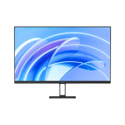 Der Xiaomi A27i Monitor (27 Zoll, 69 cm) hat einen schmalen schwarzen Rahmen und einen Blaulichtfilter, der auf einer schlichten weißen Oberfläche mit einem blauen abstrakten digitalen Hintergrund dargestellt wird.