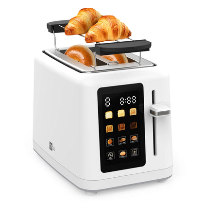 Der aeco toastlab MAX Touch LED-Toaster verfügt über eine LED-Anzeige, toastet zwei Croissants auf der Warmhalteplatte und zwei Bagels in den Schlitzen und ermöglicht es Ihnen, Ihren bevorzugten Bräunungsgrad zu wählen, um jedes Mal perfekte Ergebnisse zu erzielen.