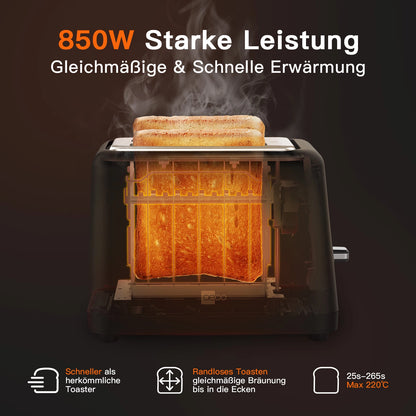 Der aeco toastlab ELITE Touch ist ein schwarzer Toaster mit zwei Scheiben, leuchtend orangefarbenen Heizelementen, einem LCD-Touchdisplay mit Anzeige der Bräunungsstufen und deutschem Text, der seine 850 W Leistung und das gleichmäßige, schnelle Toasten hervorhebt.