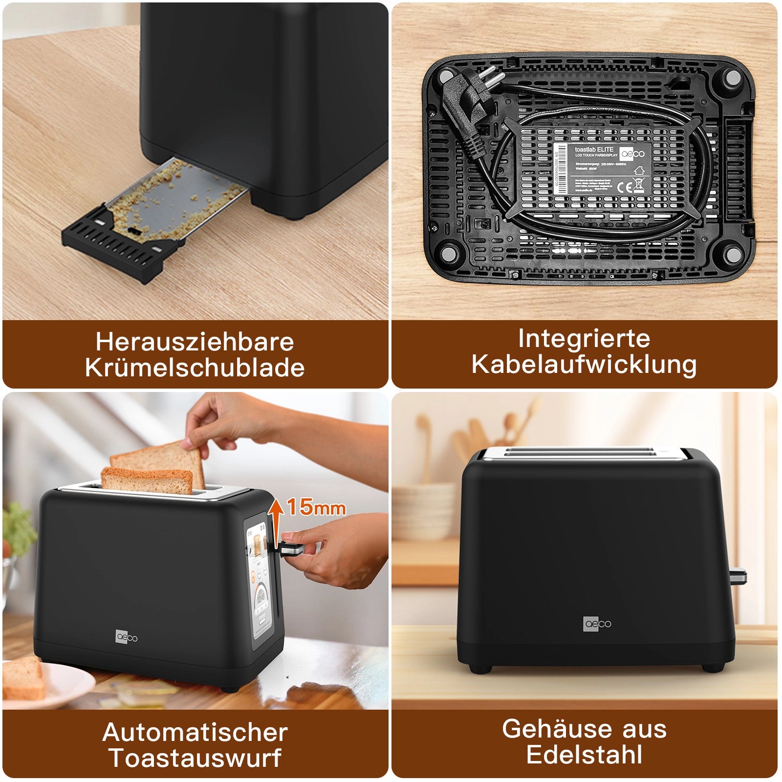 Der aeco toastlab ELITE Touch Toaster ist in vier Bildern zu sehen und verfügt über ein LCD-Touch-Display, eine herausnehmbare Krümelschublade, eine integrierte Kabelaufwicklung, einen automatischen 15-mm-Toastlift, ein Edelstahlgehäuse und mehrere Bräunungsstufen.