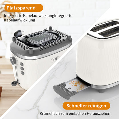 Der aeco toastlab ONE Toaster von aeco ist in Weiß gehalten und verfügt über eine integrierte Kabelaufwicklung und eine herausnehmbare Krümelschublade zur platzsparenden Aufbewahrung und einfachen Reinigung. Der deutsche Text erklärt diese Funktionen.