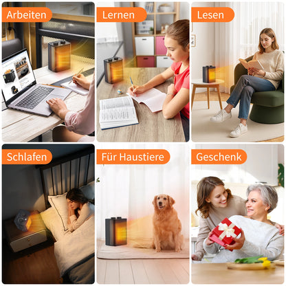 Eine Collage zeigt Menschen, die die aeco EcoHeat One zum Arbeiten, Lernen, Lesen, Schlafen, Entspannen mit dem Hund und zum Verschenken verwenden. Orangefarbene deutsche Etiketten heben jede Aktivität und die einstellbaren Heizstufen hervor.