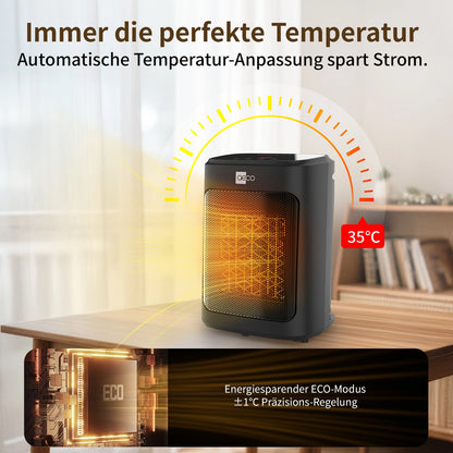 Der aeco EcoHeat Core, ein schwarzer Heizstrahler auf einem Tisch, zeigt 35°C an. Grafiken heben die Temperaturregelung und den ECO-Energiesparmodus hervor, während ein deutscher Text die automatische Temperaturanpassung erklärt.