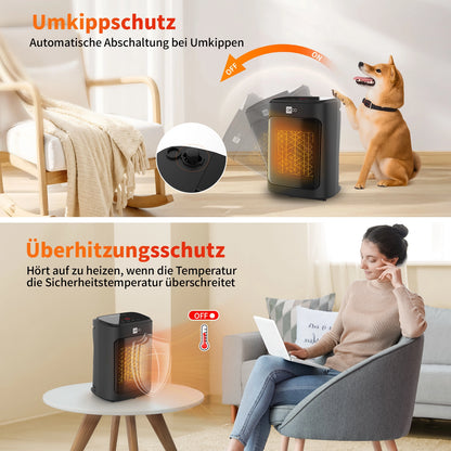 Oben: Ein Hund in der Nähe des aeco EcoHeat Core-Heizgeräts, das über einen Umkippschutz verfügt. Unten: Eine Frau genießt die Wärme, während sich der EcoHeat Core automatisch abschaltet, um eine Überhitzung zu verhindern.
