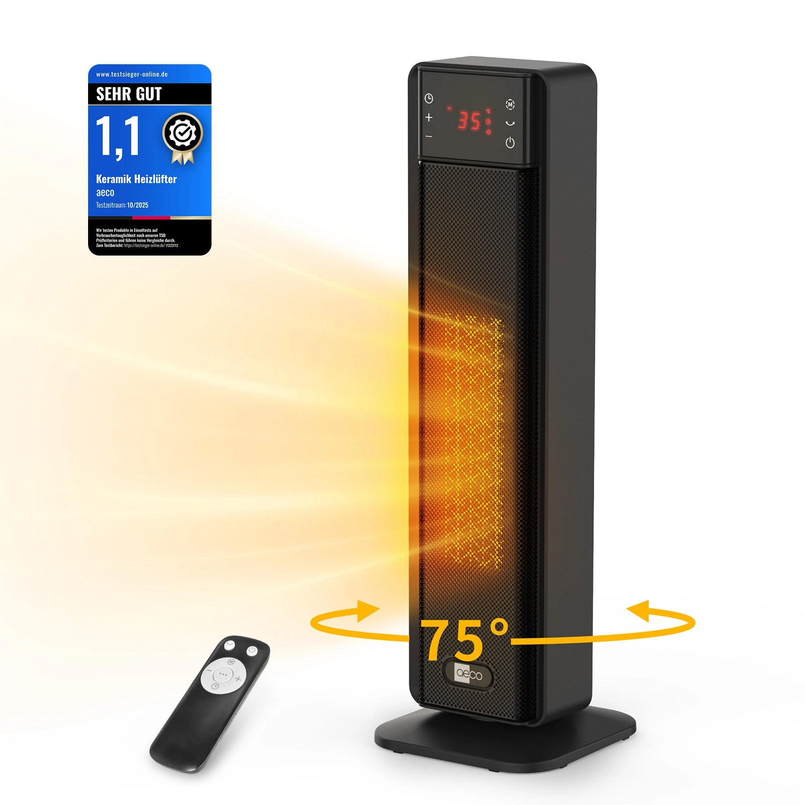 Der aeco EcoHeat Boost ist ein schwarzer Keramik-Heizturm mit Digitalanzeige und Fernbedienung, gibt warme Luft ab, oszilliert um 75° und erhielt in Produktbewertungen die Note Sehr Gut 1,1.