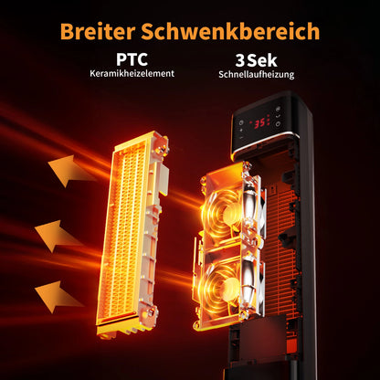 Explosionszeichnung des aeco EcoHeat Boost Keramik-Heizgeräts mit Heizelementen, Gebläse und Digitalanzeige, mit Pfeilen für den Wärmefluss und deutschem Text zur Hervorhebung der breiten Oszillation und schnellen Erwärmung.