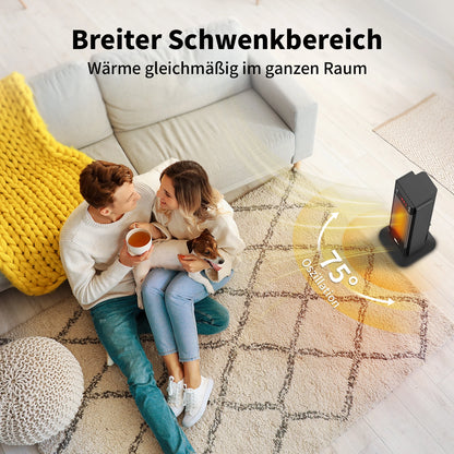 Ein Ehepaar sitzt mit seinem Hund auf dem Boden neben einem Teppich und einer gelben Decke, während der aeco EcoHeat Boost in der Nähe bei 75° schwingt und eine gleichmäßige Wärmeverteilung gewährleistet, hervorgehoben durch den deutschen Text.