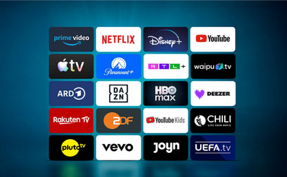Ein Raster aus 20 Logos beliebter Streaming-Plattformen – darunter Prime Video, Netflix, Disney+, YouTube, Apple TV, Paramount+ und HBO Max – vor einem blauen Hintergrund mit Farbverlauf, ideal, um all Ihre Lieblingssendungen auf Ihrem Smart-TV oder dem Dyon Movie Smart 32 VX-S zu genießen (32-Zoll-HD-Smart-TV – Soundboost).