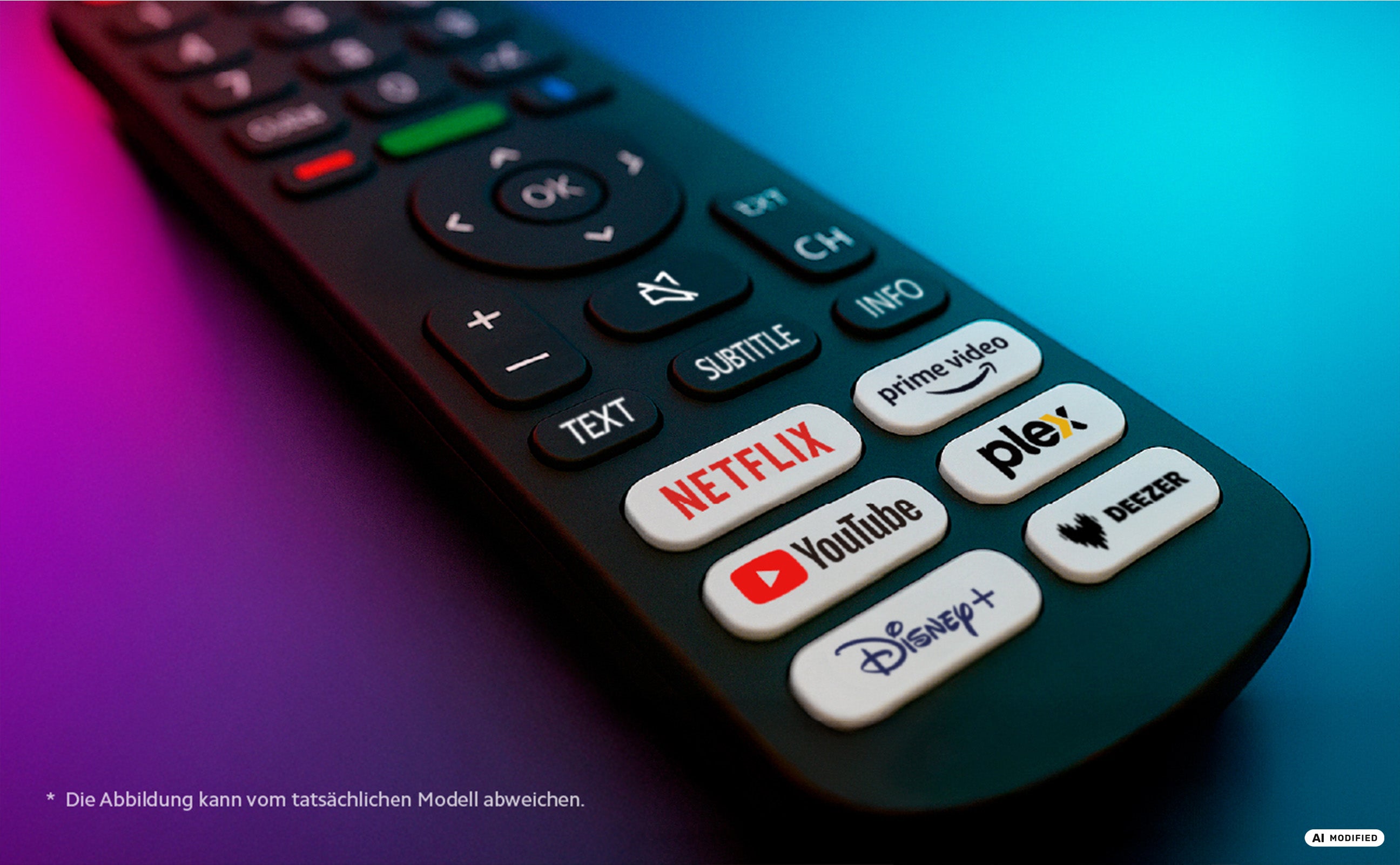 Eine schwarze Fernbedienung für den DYON Movie Smart 32 VX-S 32-Zoll-HD-Smart-TV – Soundboost von Dyon – mit speziellen Tasten für beliebte Streaming-Dienste wie Netflix, YouTube, Disney+, Prime Video, Plex und Deezer, fotografiert vor einem lila-blauen Hintergrund mit Farbverlauf.
