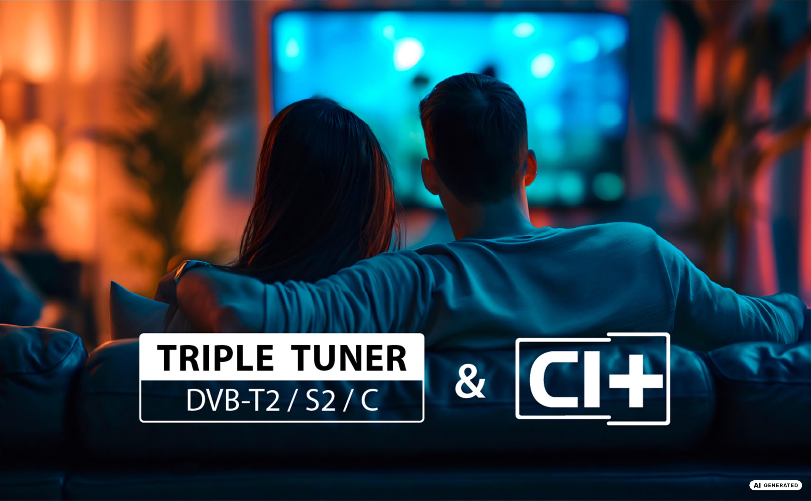 Ein Paar sitzt auf einem Sofa und schaut in einem gemütlichen Wohnzimmer fern. Auf dem Bildschirm ist folgender Text zu lesen: Dyon Movie Smart 32 VX-S 32-Zoll-HD-Smart-TV – Soundboost – DREIFACH-TUNER DVB-T2/S2/C & CI+. Dieser elegante HD-Smart-TV von Dyon ist perfekt für entspannte Abende zu Hause.