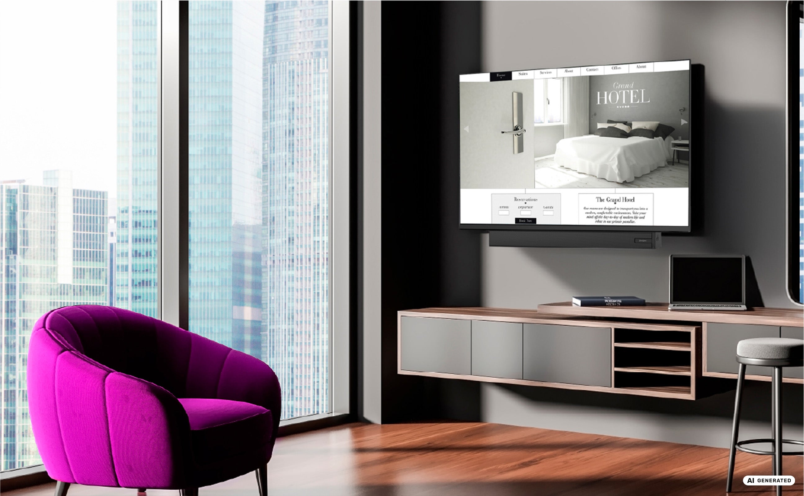 Ein modernes Wohnzimmer mit einem magentafarbenen Sessel, einem an der Wand montierten Dyon Movie Smart 32 VX-S 32-Zoll-HD-Smart-TV – Soundboost, auf dem eine Hotel-Website angezeigt wird, einem schwebenden Konsolentisch und großen Fenstern, die den Blick auf hohe Stadtgebäude freigeben.