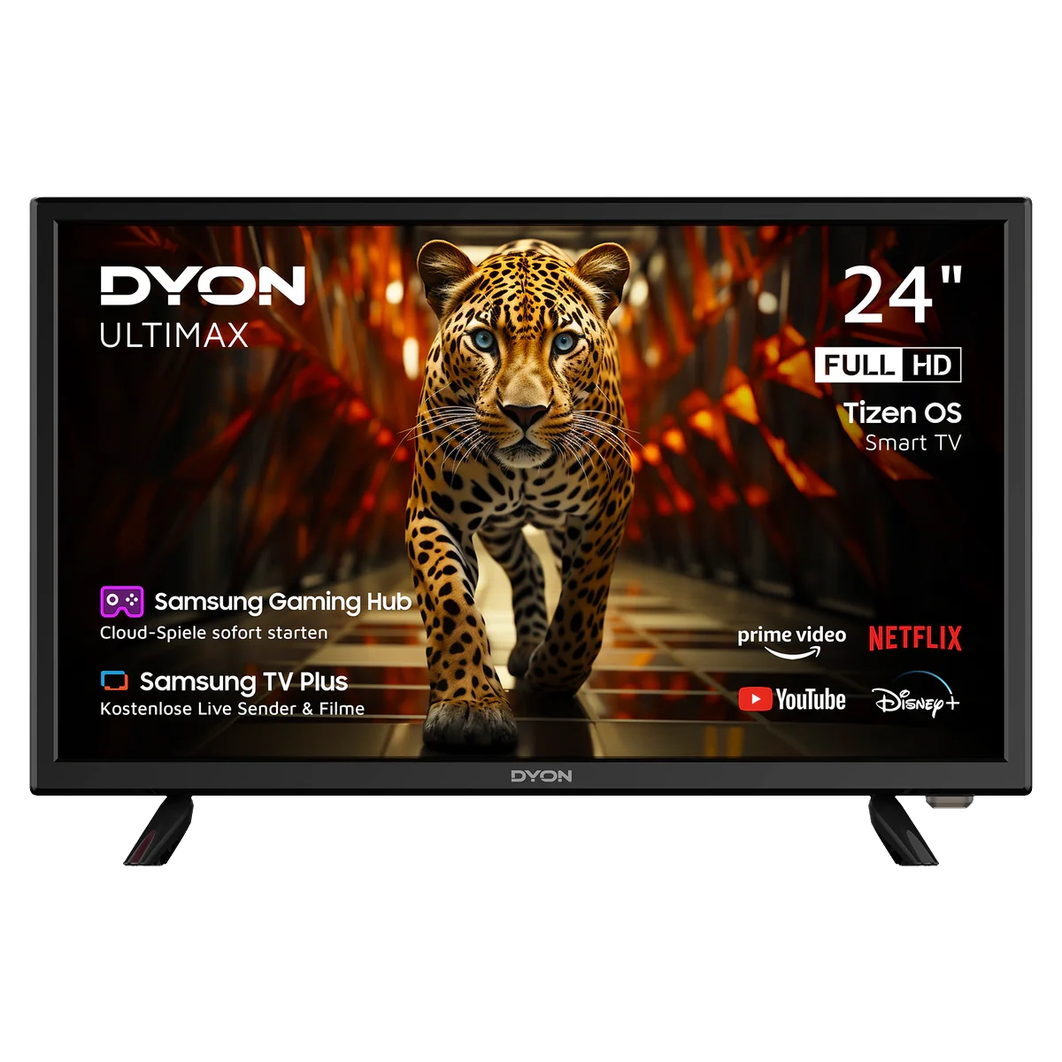 Der Dyon Ultimax 24F-TI, ein 24-Zoll-Full-HD-Smart-TV, zeigt einen lebendigen Leoparden und bietet über seine intuitive Benutzeroberfläche einfachen Zugriff auf Streaming-Apps wie Netflix, YouTube und Disney+.