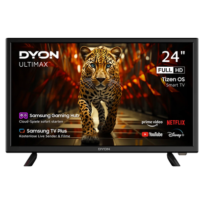 Der Dyon Ultimax 24F-TI, ein 24-Zoll-Full-HD-Smart-TV, zeigt einen lebendigen Leoparden und bietet über seine intuitive Benutzeroberfläche einfachen Zugriff auf Streaming-Apps wie Netflix, YouTube und Disney+.