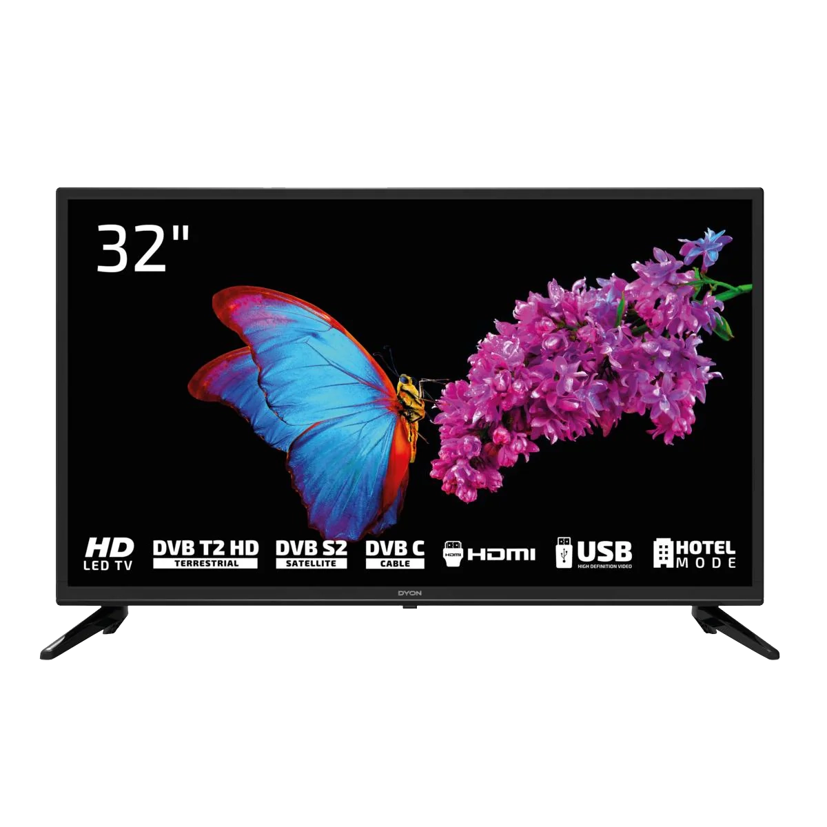 Der LED-Fernseher Dyon Enter 32 Pro X2 (32 Zoll) zeigt auf seinem HD-Bildschirm einen lebhaften Schmetterling und lila Blumen. Am unteren Rand befinden sich Symbole für DVB, HDMI, USB, Kabel, Satellit, Hotelmodus und einen HD-Triple-Tuner.