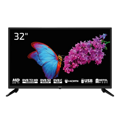 Der LED-Fernseher Dyon Enter 32 Pro X2 (32 Zoll) zeigt auf seinem HD-Bildschirm einen lebhaften Schmetterling und lila Blumen. Am unteren Rand befinden sich Symbole für DVB, HDMI, USB, Kabel, Satellit, Hotelmodus und einen HD-Triple-Tuner.
