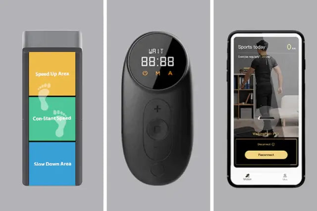 Drei Gegenstände: ein Laufband-Bedienfeld mit Geschwindigkeitszonen, eine schwarze digitale Fernbedienung und ein Smartphone mit einer Fitness-App.