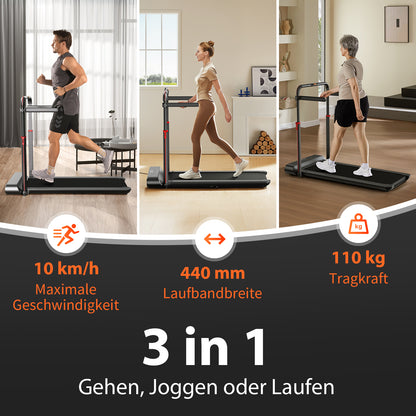 Ein Mann und eine Frau benutzen das Kingsmith WalkingPad R1/R1H 2 in 1 Klappbares Laufband in Innenräumen bei unterschiedlichen Geschwindigkeiten; die wichtigsten Merkmale sind eine Höchstgeschwindigkeit von 10 km/h, eine Gurtbreite von 440 mm und eine Belastbarkeit von bis zu 110 kg.