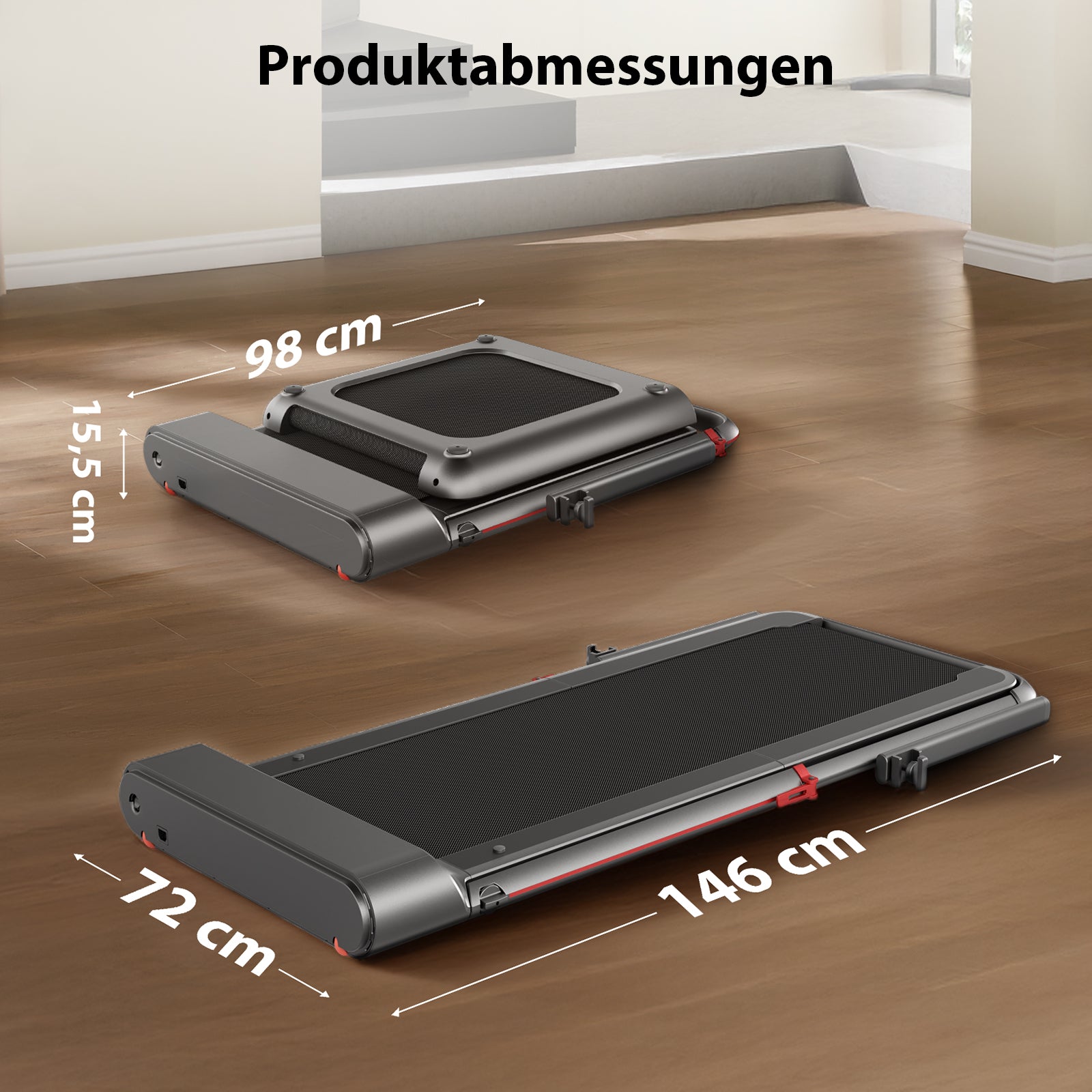Zwei Kingsmith WalkingPad R1/R1H 2 in 1 Klappbares Laufband (gefaltet: 98 x 72 x 15,5 cm, entfaltet: 146 x 72 x 15,5 cm) stehen auf Holzfußboden; Produktabmessungen oben im Bild zu sehen.