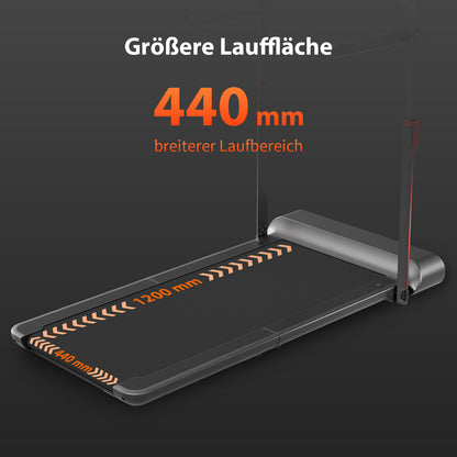Das Kingsmith WalkingPad R1/R1H 2 in 1 Klappbares Laufband bietet eine 440 mm breite und 1200 mm lange Lauffläche mit orangefarbenen Maßangaben auf Deutsch - ideal für platzsparendes Fitness-Training bis 10 km/h.