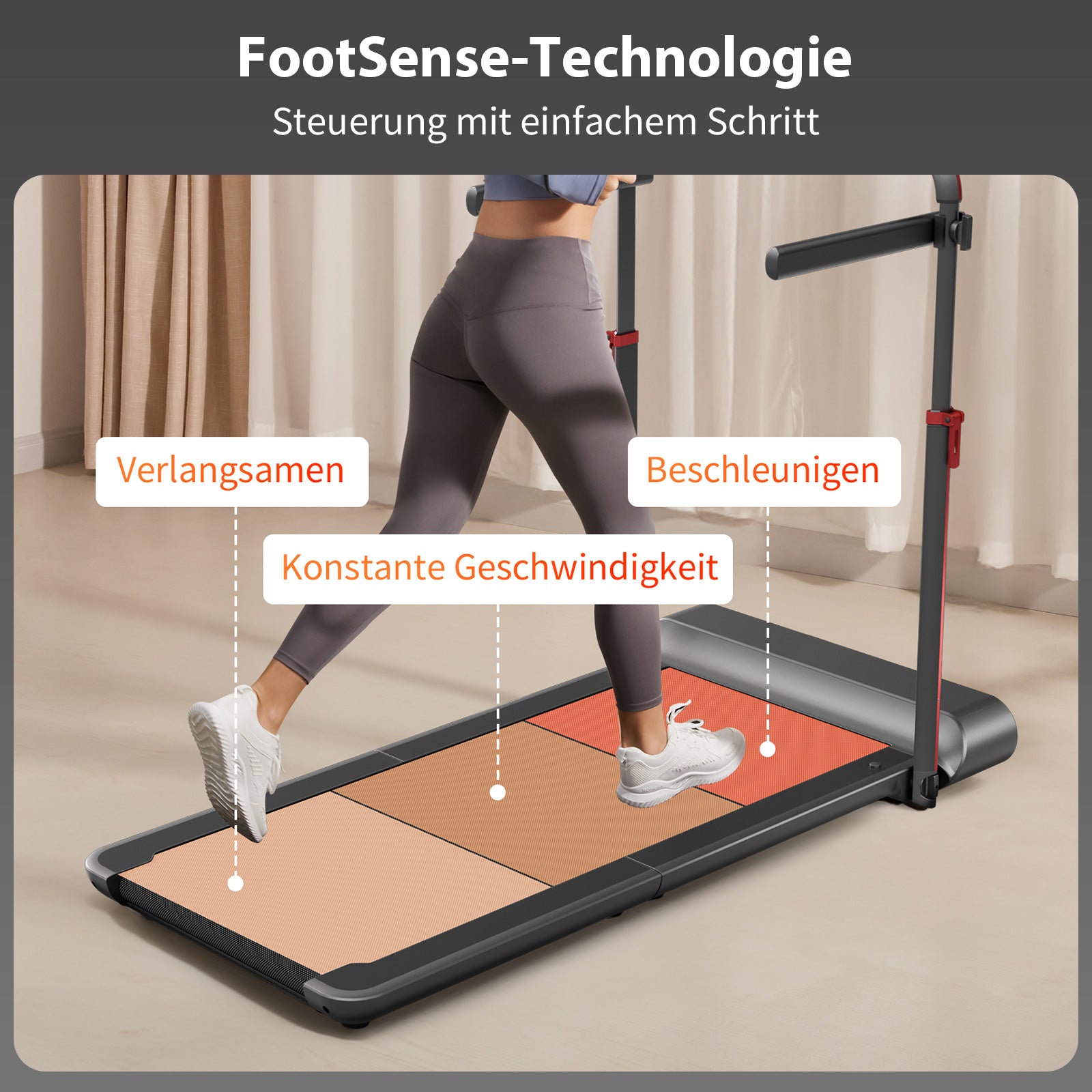 Eine Person läuft auf dem Kingsmith WalkingPad R1/R1H 2 in 1 klappbares Laufband bis 10 km/h, mit drei Zonen für Verlangsamen, konstante Geschwindigkeit und Beschleunigen sowie FootSense-Technologie für intuitive Geschwindigkeitskontrolle.