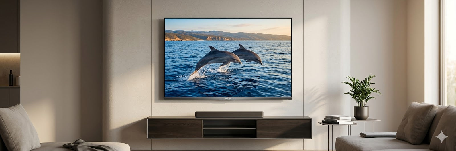 Ein modernes Wohnzimmer mit einem an der Wand montierten Flachbildfernseher, auf dem zwei Delphine aus dem Meer springen, über einer niedrigen Konsole aus dunklem Holz mit einer Soundbar und einer Topfpflanze.