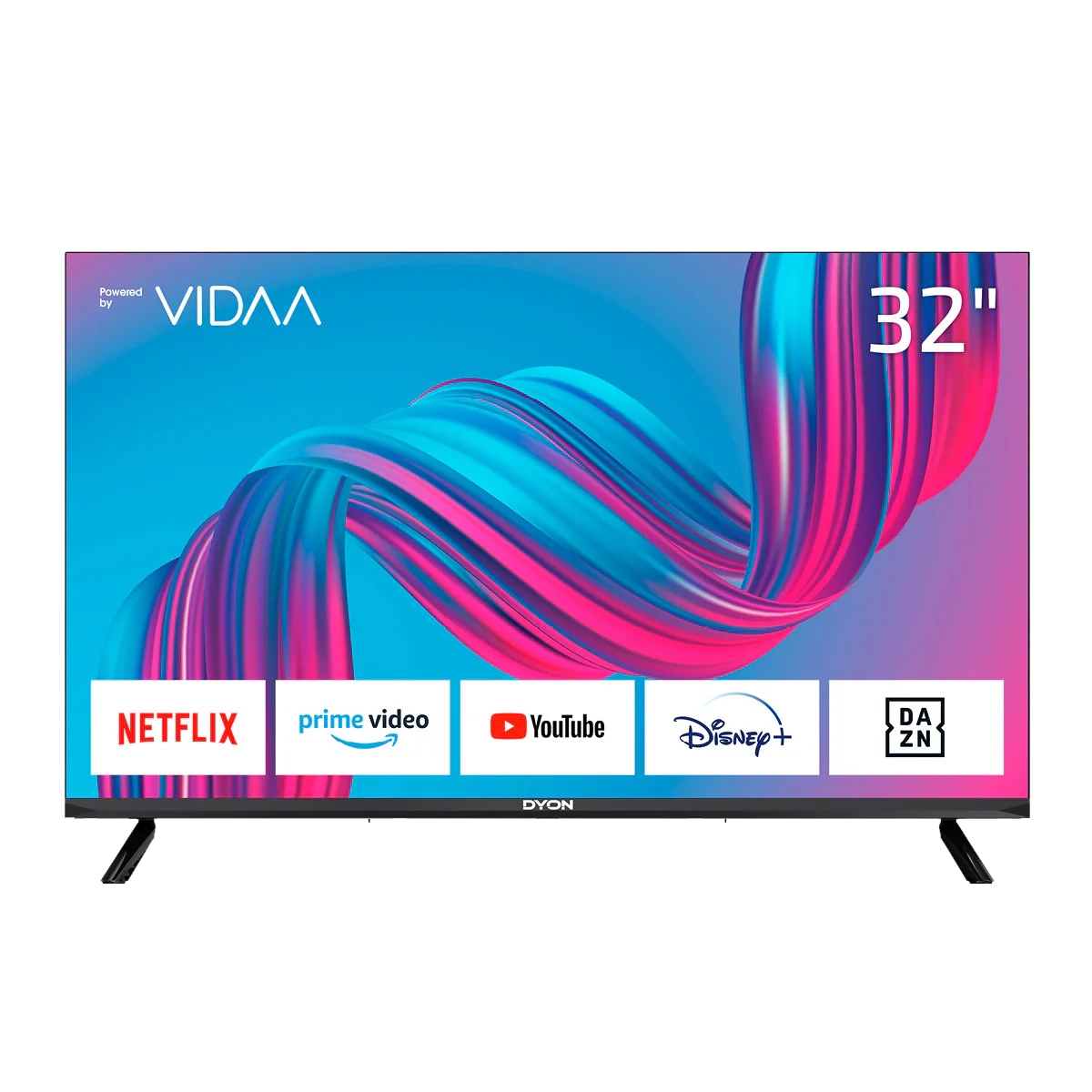 Der Dyon Movie Smart 32 VX, ein 32-Zoll-LED-Smart-TV, zeigt das VIDAA Betriebssystem-Logo mit App-Symbolen für Netflix, Prime Video, YouTube, Disney+ und DAZN auf dem Bildschirm.