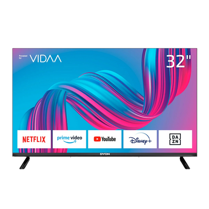 Der Dyon Movie Smart 32 VX, ein 32-Zoll-LED-Smart-TV, zeigt das VIDAA Betriebssystem-Logo mit App-Symbolen für Netflix, Prime Video, YouTube, Disney+ und DAZN auf dem Bildschirm.