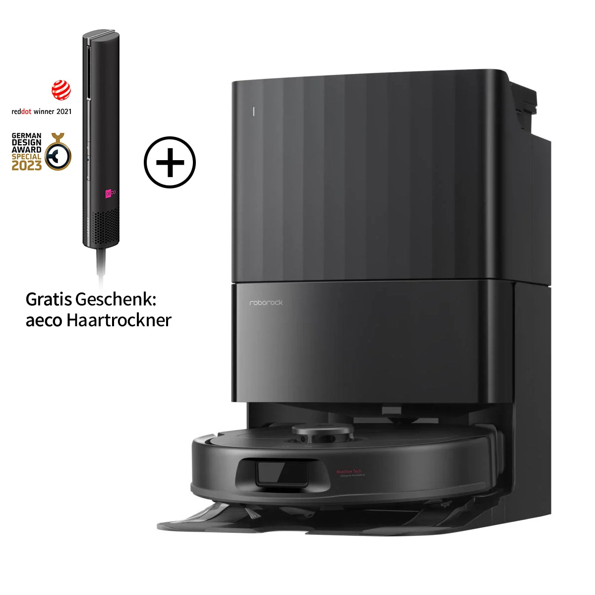 Schwarzer Roborock Qrevo 598 mit multifunktionaler Dockingstation, abgebildet neben einem vertikalen schwarzen Haartrockner, der als kostenloses Geschenk angeboten wird. Neben dem Haartrockner sind Design-Award-Plaketten zu sehen.