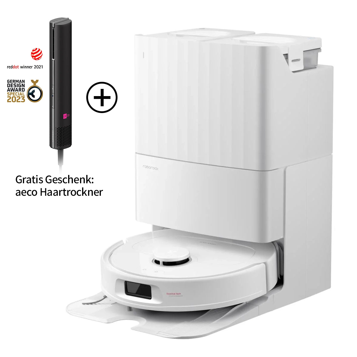 Abgebildet ist der Roborock Qrevo 598 White Staubsaugerroboter mit multifunktionaler Dockingstation und einem schwarzen aeco Haartrockner als Geschenk. Auf der linken Seite des Bildes sind Preisschilder zu sehen.