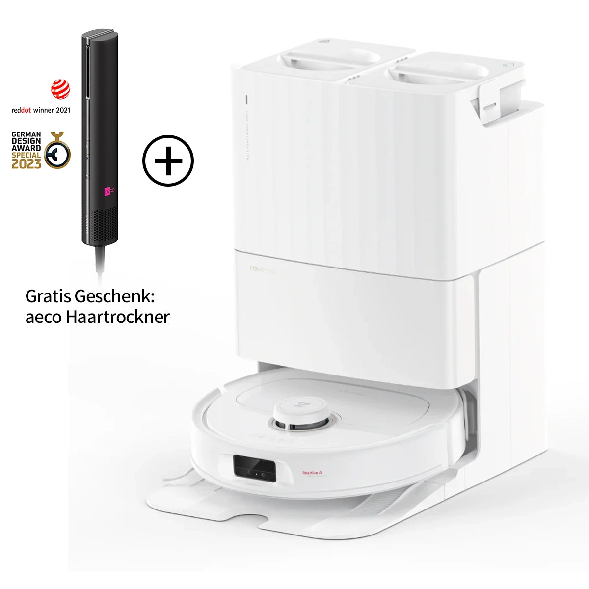 Abgebildet ist der Roborock Qrevo MaxV White Staubsaugerroboter mit Dockingstation und einem kostenlosen schwarzen Aeco-Haartrockner. Über dem Haartrockner sind Preislogos abgebildet.