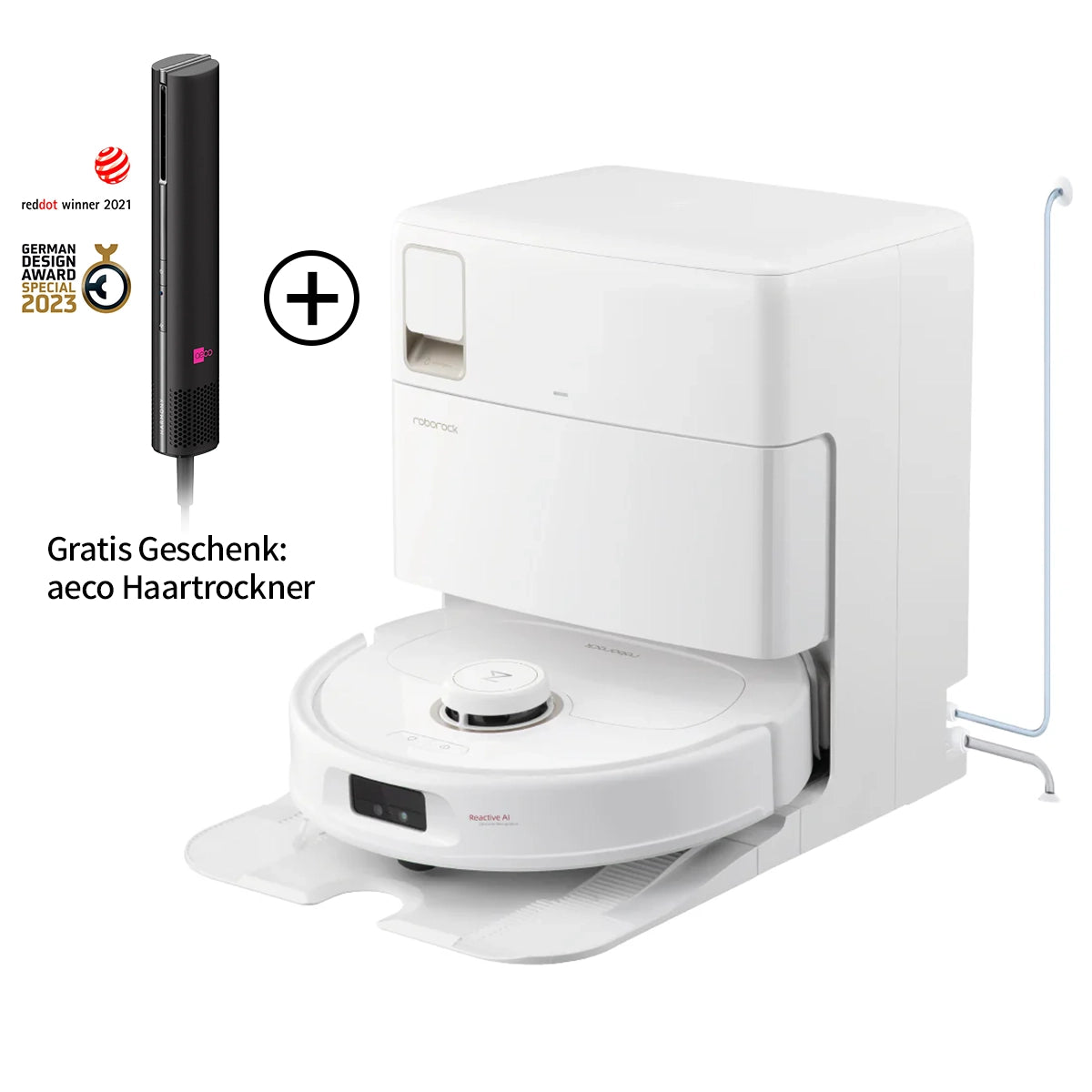 Roborock Qrevo MaxV White mit Wasseranschluss, inkl. gratis aeco Haartrockner, beide in Weiß nebeneinander dargestellt. Deutscher Text: Gratis Geschenk: aeco Haartrockner.