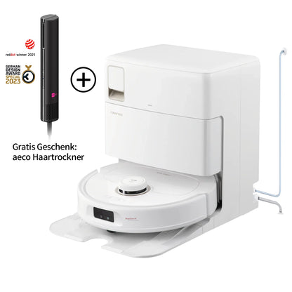 Roborock Qrevo MaxV White mit Wasseranschluss, inkl. gratis aeco Haartrockner, beide in Weiß nebeneinander dargestellt. Deutscher Text: Gratis Geschenk: aeco Haartrockner.