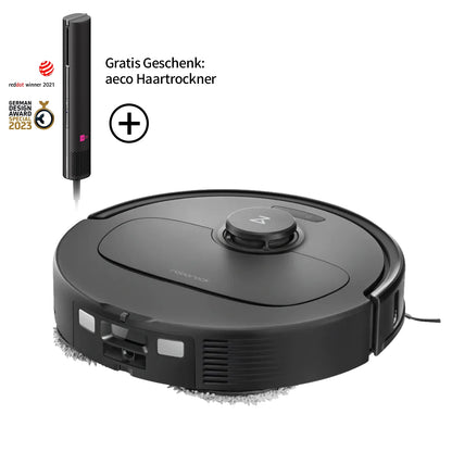 Der Roborock Qrevo Plus Black Staubsaugerroboter mit Wischfunktion wird zusammen mit einem kostenlosen schwarzen Haartrockner gezeigt. In der oberen linken Ecke sind mehrere Designpreis-Logos zu sehen.