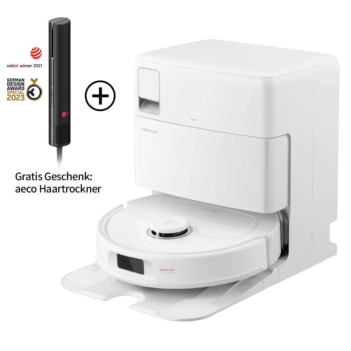 Der Roborock Qrevo Plus White mit Wasseranschluss ist mit einer Dockingstation und einem kostenlosen schwarzen Haartrockner abgebildet; die Plaketten befinden sich oben links. Der deutsche Text hebt den kostenlosen Föhn hervor.
